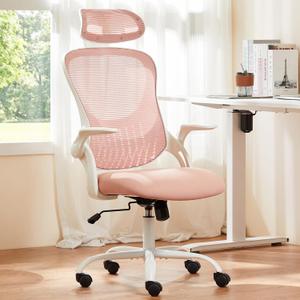 Sweetcrispy Home Office Computer Desk Chair, Ergonomic High-Back Mesh Rolling Work Chairs with Wheels and Adjustable Headrests, Comfortable Lumbar Support, Comfy Flip-up Arms for Bedroom,Study, Pink (Light Pink)
