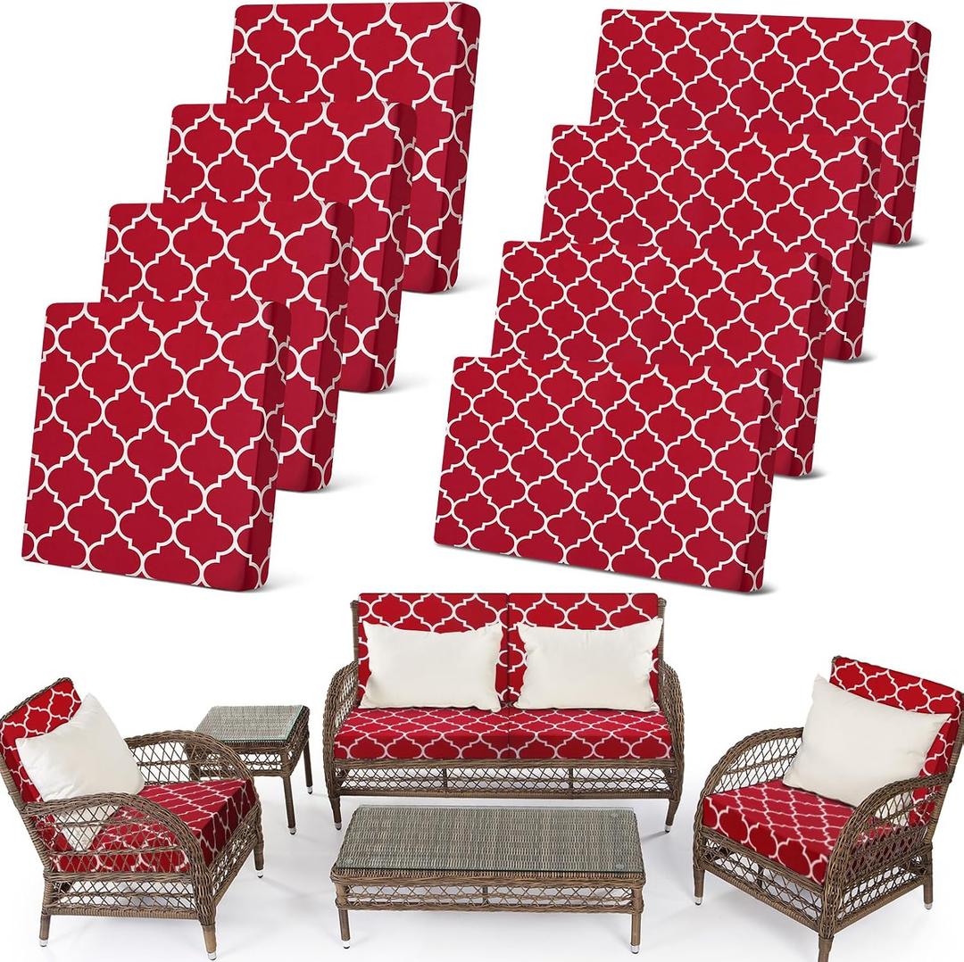Newwiee 8 Pcs Stretch Patio Outdoor Cushion Covers Waterproof Replacement Sofa Couch Covers for 4 Backrests and 4 Cushions Washable Lawn Garden Seat Furniture Protector (Wine Red)