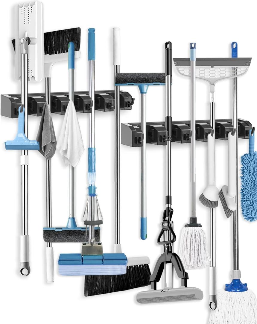 AceMining Broom Holder Wall Mounted, 2 Pack 5 Holders and 6 Hooks Mop Holder, ABS Plastic Brush Holder, Thick and Durable Mop and Broom Holder, Broom Storage, Broom Hook, Mop Wall Holder Black