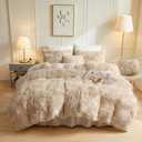 LIFEREVO Luxury Fluffy Faux Fur Duvet Cover Set, Tie Dye Plush Fuzzy Duvet Cover Set(1 Print Shaggy Comforter Cover+2 Furry Pillow Shams) Bedding Set, Zipper Closure(Queen, Light Beige)