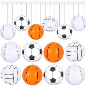 JarThenaAMCS 12Pcs 16 Inch Inflatable Sports Beach Balls Ornaments with Hanging Rope and Hooks for Birthday Sports Theme Party Favors Decor (Basketball, Soccer, Baseball, Volleyball)
