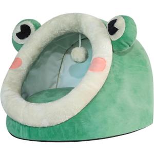 Jiupety Cute Cat Bed, Indoor Lovely Velvet Igloo for Cat, Warm Cave Sleeping Nest Bed for Puppy and Kitten, Green Frog, Size S