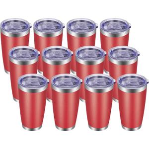 20oz Tumbler with Lid and Straw Stainless Steel Tumbler Cup Bulk Vacuum Insulated Double Wall Travel Coffee Mug Powder Coated Coffee Cup, Red, 12 Pack