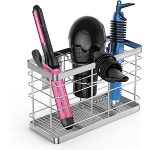 Hair Dryer Holder - Hair Tool Organizer Wall Mount/Adhesive Blow Dryer Holder/Curling iron holder Cabinet Door Bathroom Organizer for Hair Dryer, Curling Wands, Hair Straighteners (Silver)