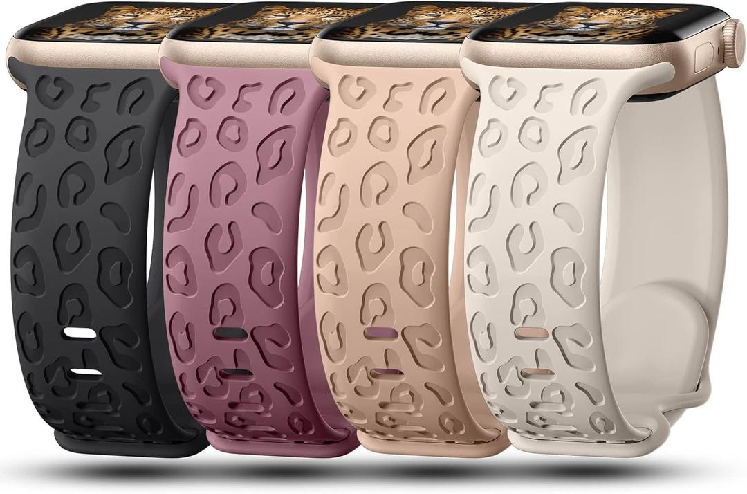 4Pack Leopard Engraved Bands Compatible with Apple Watch Band for women 40mm 41mm 42mm 38mm 44mm 45mm 46mm 49mm, Soft Silicone Cheetah Sport Strap for iWatch Series 10 9 8 7 6 5 4 3 2 1 Ultra/2 SE
