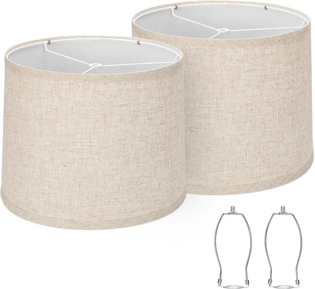 Lampshades Set of 2, Drum Lampshades 11.6" Top x 12.6" Bottom x 9.8" High, Seaside village Medium Lampshades (Spider Fitter), Beige Lampshades Natural Linen Hand Crafted, Easy Assembly Required