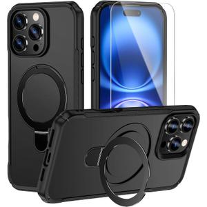 for iPhone 16 Pro Max Magnetic Case with a Tempered Screen, [Compatible with Magsafe] [Invisible Built in Stand & Ring Holder] MIL-Grade Shockproof Full Protective Case for 16 Pro Max-Black