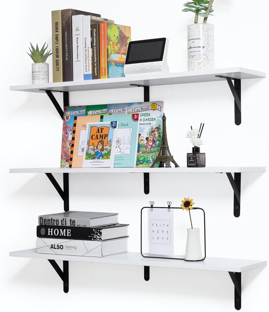 AZSKY Floating Shelves Book Shelf White Wall Shelves 36 Inch Long Wall Mount Hanging Wood Shelves with Metal Brackets Large Wall Ledges for Bedroom Bathroom Living Room, Set of 3