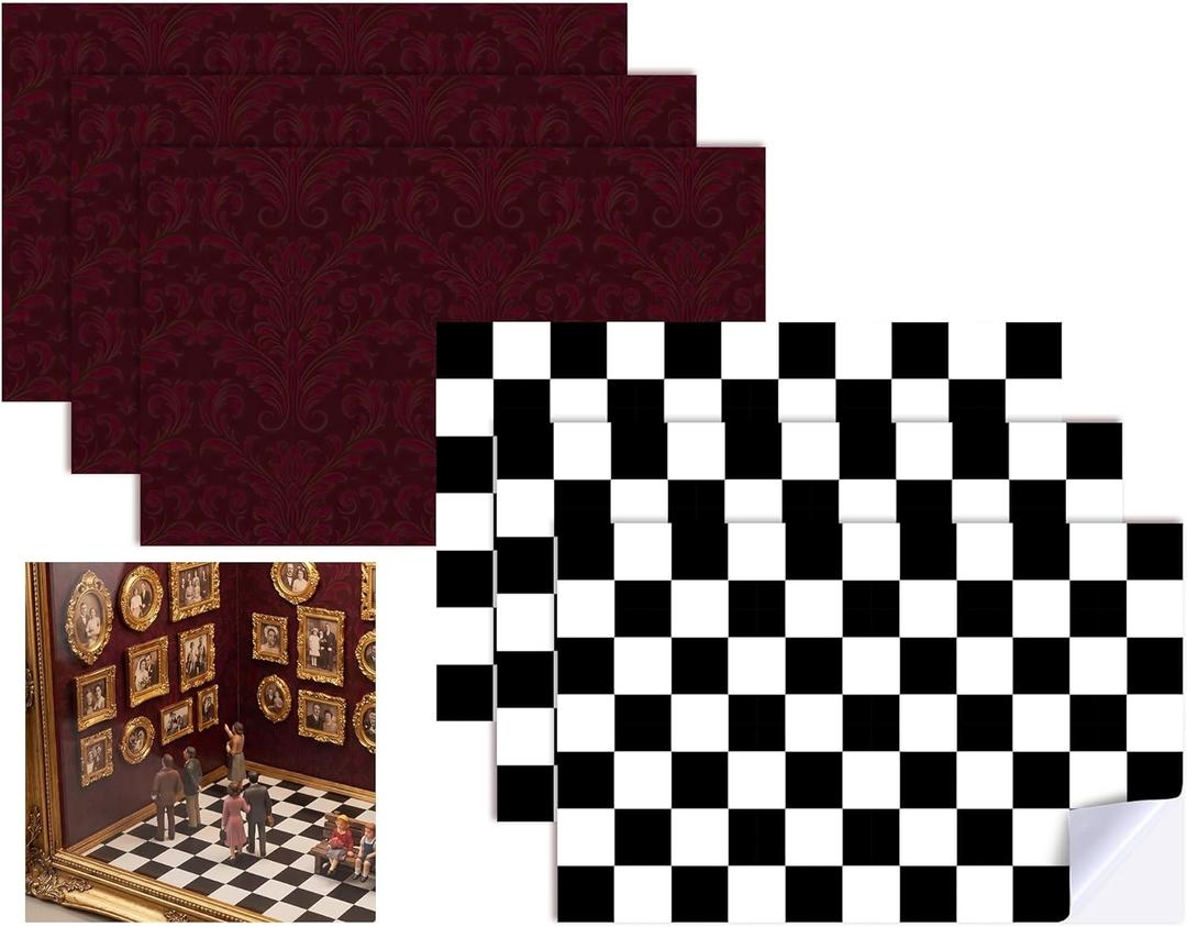 Lewtemi 6 Sheets Dollhouse Wallpaper & Flooring Set Self Adhesive Paper Mini Dollhouse Accessories for Miniature Museum Wall Floor DIY Mini Room Decor 11.8 x 7.9 Inch(Checkered Style,Red,Black White)