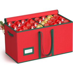Christmas Ornament Storage Box-Store 128/3" Ornaments, Ornament Organizer Storage box with Dual Zipper Closure Lid & Adjustable Dividers, Large Xmas Decoration Storage Containers, 600D Tear-Proof/Red