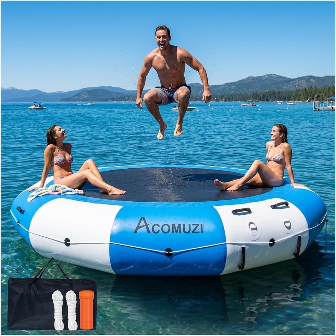 10/12/15FT Inflatable Water Trampoline for Lake Floating Trampoline | Heavy Duty Design with D Rings, Ladder & Ropes, Suitable for Lake Pool Ocean, No Pump Included