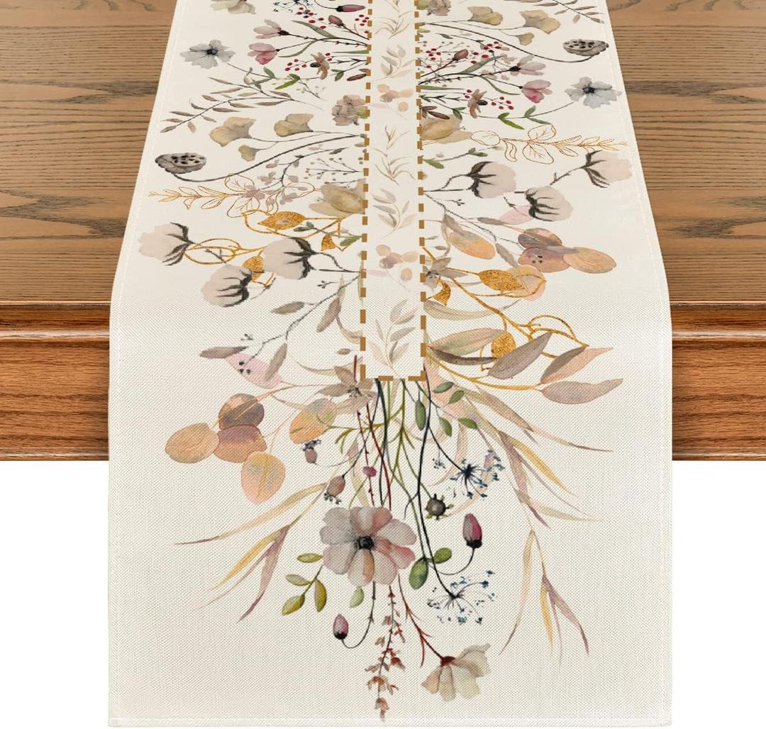 Artoid Mode Wildflower Leaves Floral Fall Table Runner, Autumn Thanksgiving Kitchen Dining Table Decoration for Indoor Outdoor Home Party 13x90 Inch (Brown)