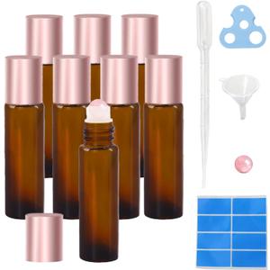 8 Pack Rose Quartz Roller Bottles for Essential Oils, 10ml Refillable Amber Glass Roll On Bottles with Natural Crystal Roller Balls, Leak-Proof Travel Perfume Bottle with Rose Gold Caps