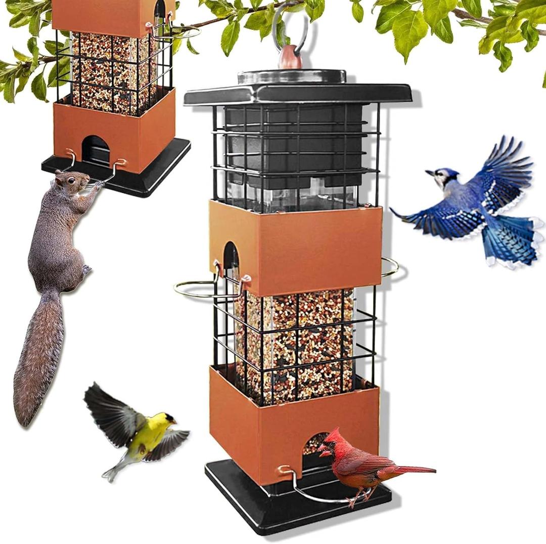 Squirrel Proof Bird Feeder, 3LBS Large Capacity Metal Hanging Bird Feeders for Outdoors, Weight-Activated Perches Wild Birdfeeder for Blue Jay, Cardinal (Brown)