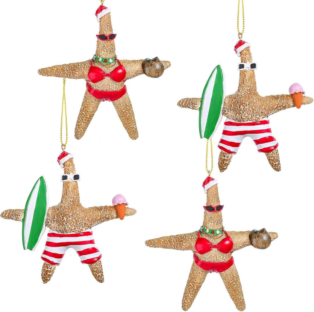 Gejoy 4 Pieces Beach Style Starfish Christmas Ornaments Couple Decorative Holiday Starfish Decor Xmas Hanging Resin Starfish Decor for Christmas Tree Party Wall Door Mantel Home Decor, 2 Styles