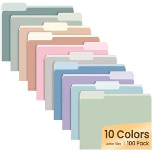 SUNEE File Folders Letter Size 10 Pastel Colors, 100 Pack Manilla Folders 8.5 x 11 1/3-Cut Tabs, Colored File Folders Office Home School for Documents Files Paper