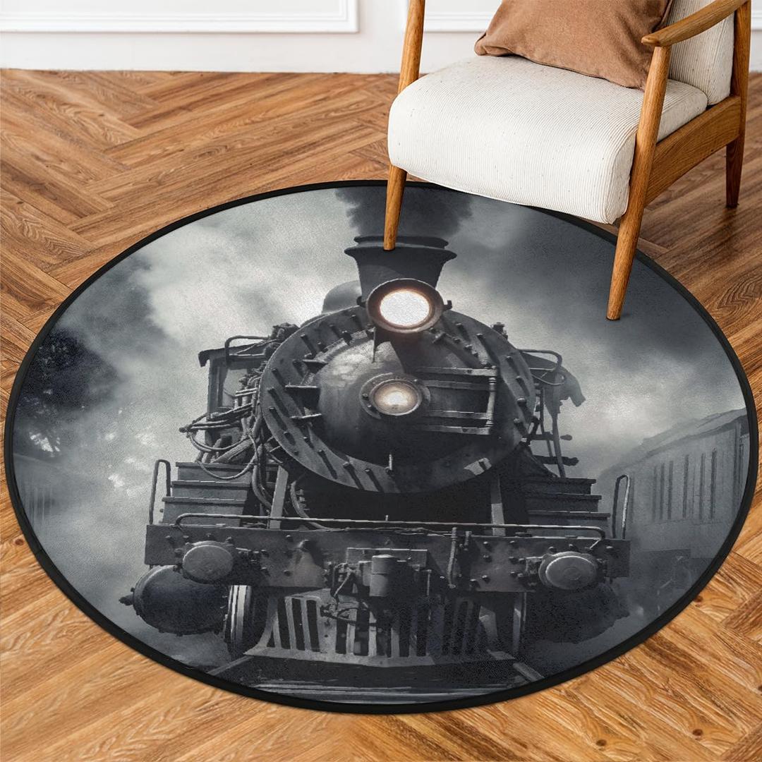 Black Cool Train Round Area Rug for Living Room Bedroom 3 ft Washable Circle Rugs Non Slip Round Floor Mat Indoor Outdoor Round Carpet for Kitchen Entryway Nursery Office Playroom