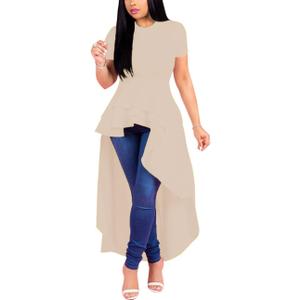 Lrady Womens Casual Shirt Dress High Low Irregular Ruffle Hem Blouse Asymmetrical Peplum Long Tunic Tops (Small, Apircot)