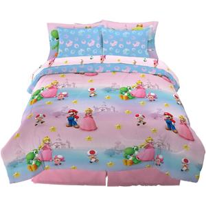 Franco Super Mario Girl Princess Peach Girl Gamer Kids Bedding Super Soft & Cozy Reversible Microfiber Comforter and Sheet Set with Sham, 7 Piece Queen Size, (Officially Licensed Product)