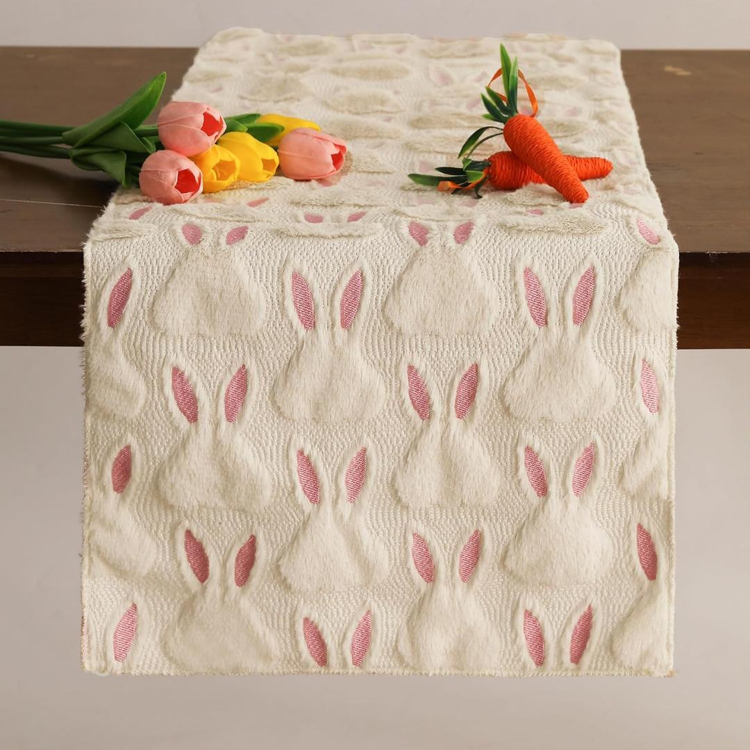 Easter Table Runner 13x120 Inch Soft Plush Faux Fur Jacquard Pink Ears Beige Rabbit Table Runner, Seasonal Spring Easter Kitchen Dining Table Decoration for Home Party Decor ZR005B120
