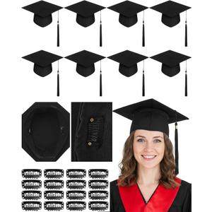 JenPen 8 Pcs Black Graduation Caps for Long Hair No Slip Graduation Cap with Built-in Hair Secure Clips Stays in Place Mortarboard for Women 2026 Graduates Ceremony Photos