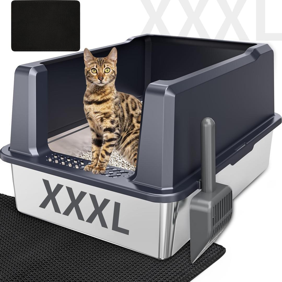 Stainless Steel Cat Litter Box with Lid, Extra Large Enclosed Litter Box High Sided Metal Litter Box with Scoop, Pedal, Top & Side Entry Anti-Leakage& Easy Cleaning(Dark Grey)