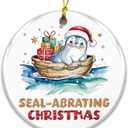 Seal-Abrating Ornament 2025  Cute Seal in Santa Hat with Gifts, Funny Animal Pun Holiday Ornament, Ceramic Keepsake Tree Decoration for Ocean Lovers, Kids Idea
