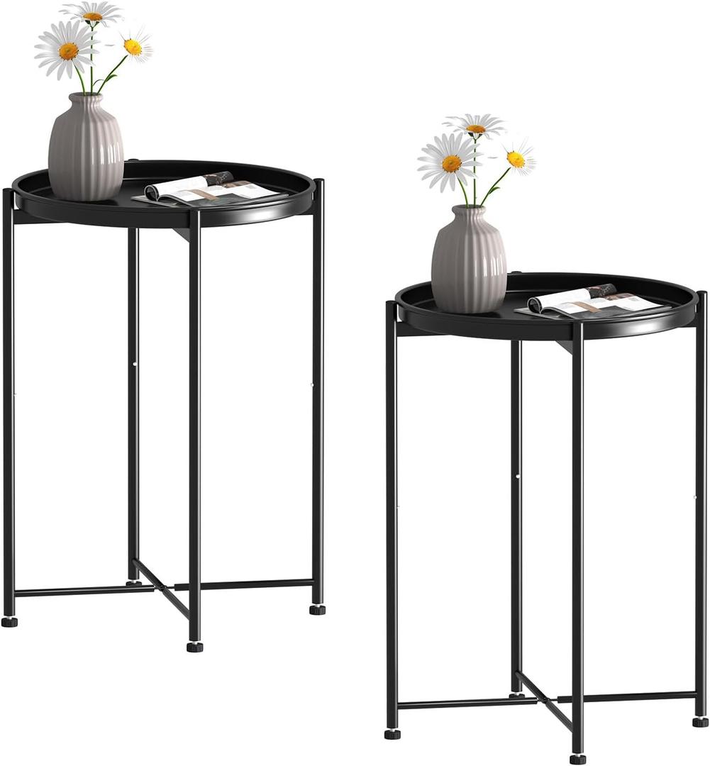 Garden 4 you Small Side Table, Mini Round End Table, Black Tray Table with Metal Frame, Modern Nightstand for Living Room, Bedroom, Patio, Small Space, 2pcs