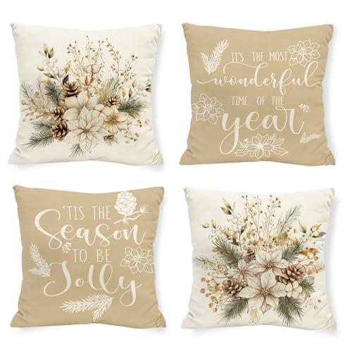 Tikeciti Christmas Beige Poinsettia Pillow Covers Christmas Wild Flowers 20 x 20 Inch Throw Pillows, Xmas Berry Pine Cones Seasonal Decorative Farmhouse Cushion Case for Sofa Couch Set of 4