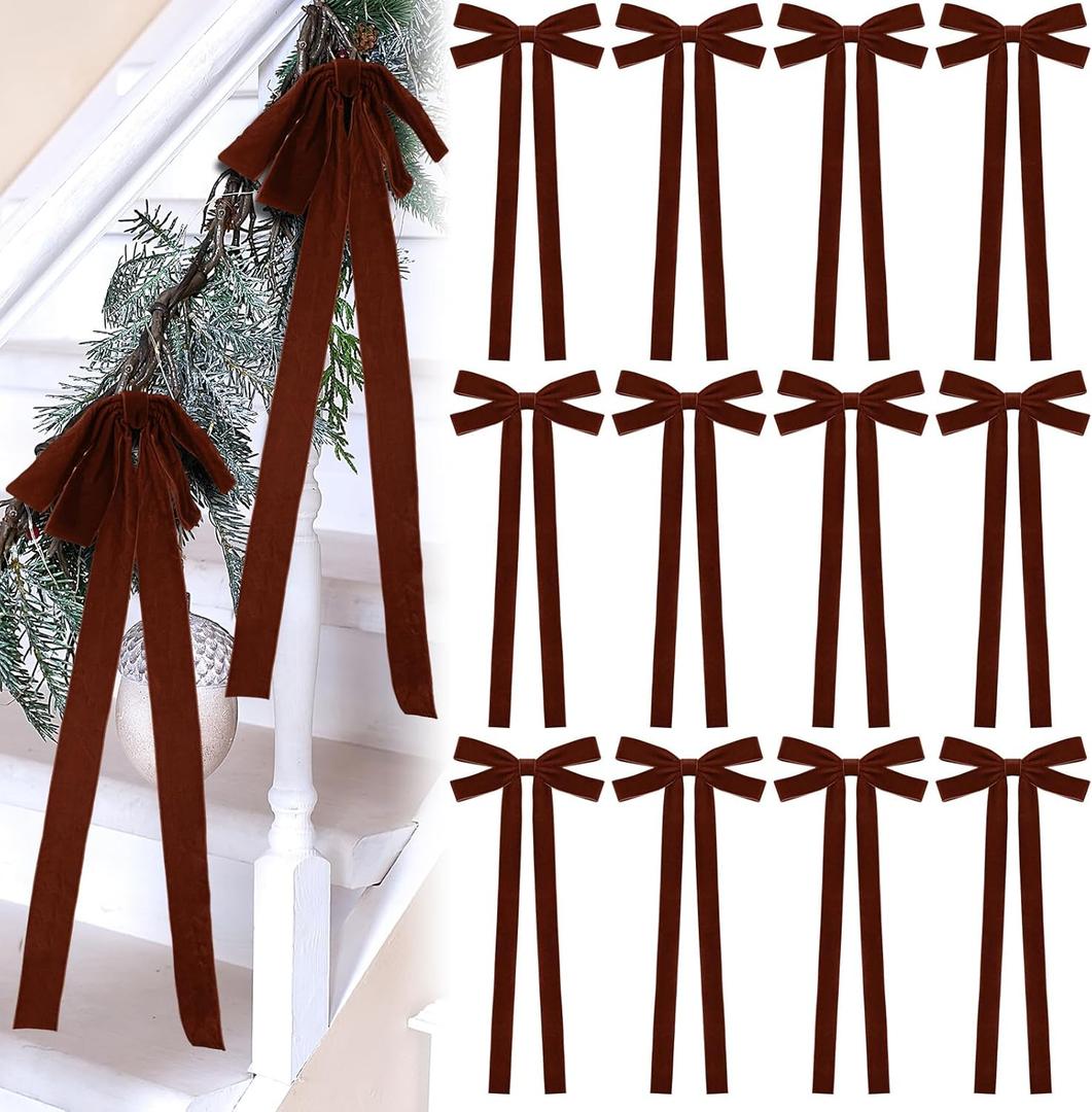 12 Pcs Camel Velvet Christmas Bows 10 x 24inch Extra Large Christmas Bow with Extra Long Tail Neutral Holiday Decor Velvet Ribbon Bows for Xmas Garland Fireplace Stairs Mirror Door