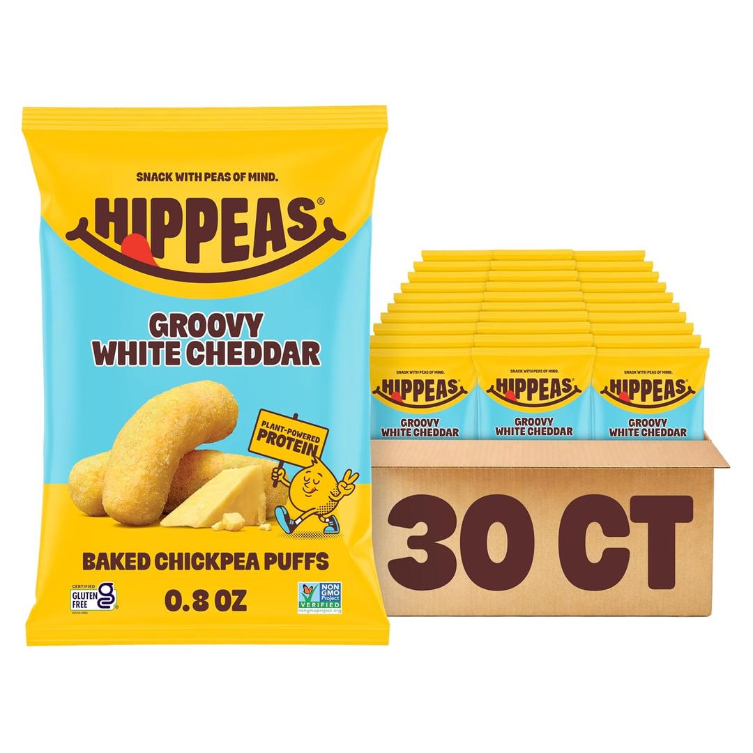 HIPPEAS Chickpea Puffs, Groovy White Cheddar, Gluten Free Snacks, Dairy Free, Vegan, 0.8oz, Pack of 30, 3g Protein, 2g Fiber, Crunchy, Nutritious, Baked Plant Protein Snack, Non-GMO, Kosher BBD: 10/05/26