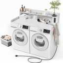 Upgraded 2-Tier Washer and Dryer Countertop with Power Outlet,54" W x 27.6" D Large Laundry Countertop for Fold Clothes, Laundry Topper with Non-Slip Pads & Metal Hooks and Storage Basket