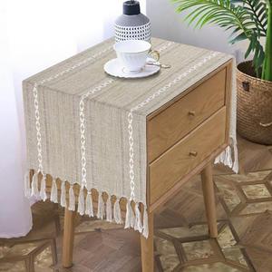 Bedside Table Runner 15.7 x 36 inches, Rustic Linen Small Coffee Table Cover Cloth, Nightstand Cover for Top, Boho Dresser Scarf for End Table, Spring Farmhouse Home Decor (44'' with Tassels)