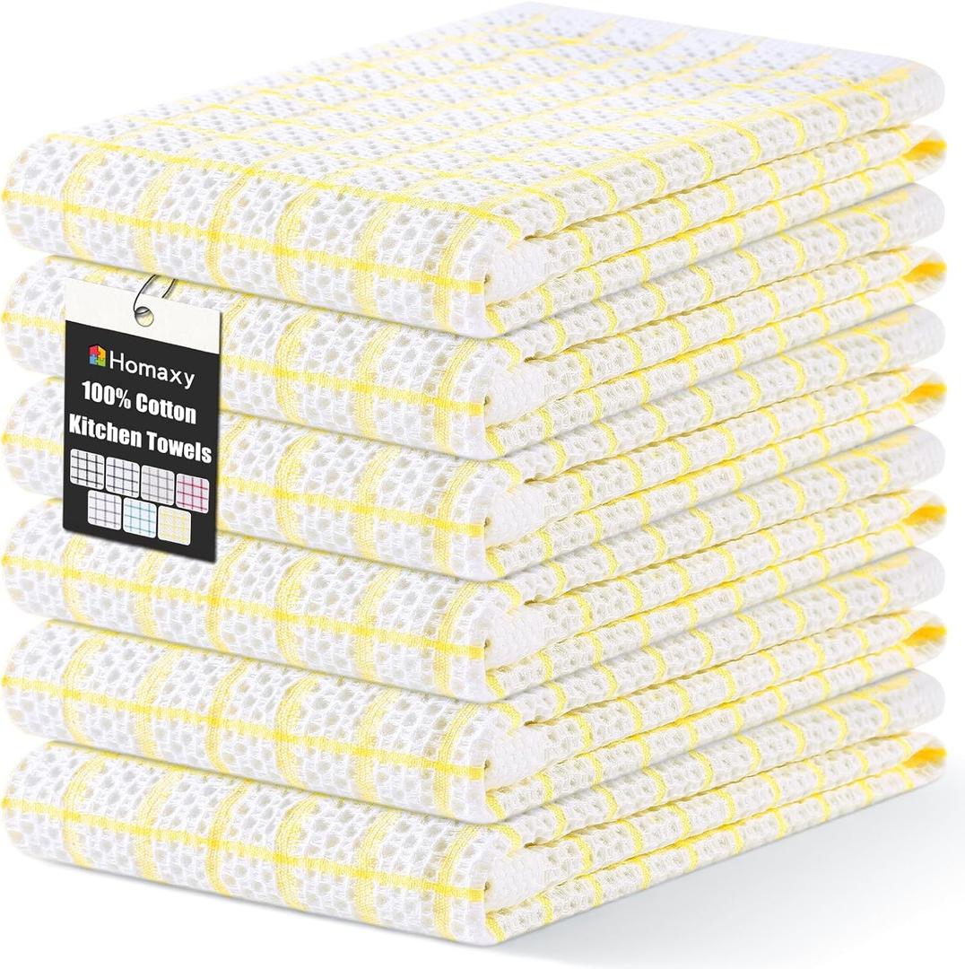 Homaxy 100% Cotton Kitchen Towels 6 Pack-15 X 25 Inches, Check Design Waffle Weave Hand Tea Towels, Super Soft and Absorbent Dish Towel for Drying Dishes, Yellow