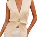 Cicy Bell Womens V Neck Sweater Vest Dressy Casual Knit Sleeveless Shirts Slim Fit Lightweight Button Fall Tops (Beige, M)