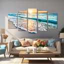 Goldfoilart 5 Pieces Beach Coastal Wall Art Sea Sunset Seascape Pictures Ocean Photography Canvas Large Horizontal Landscape Multi Framed Artwork for Bedroom Living Room Bathroom Wall Decor