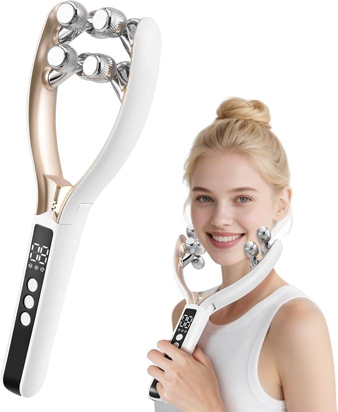 Double Chin Remover Roller, Electric V-Face Lifting Device with 3 EMS Modes, 9 EMS Levels, Face Massager for Large and Small Faces, Face Slimming