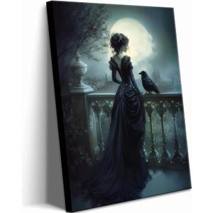 Victorian Woman and Raven Canvas Wall Art Gothic Dark Academia Wall Decor Picture Moody Halloween Witch Dark Romance Poster Print for Living Room Bedroom Dorm Home Decoration 16x24in