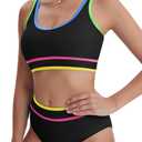 karrack Womens High Waisted Bikini Sets Sporty Two Piece Swimsuits Color Block Cheeky High Cut Bathing Suits (XL)