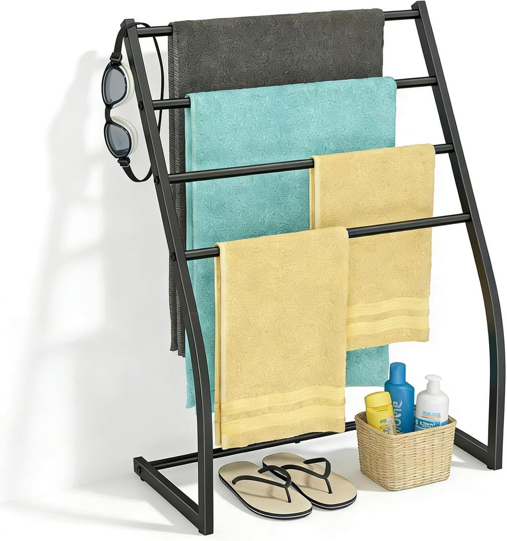 Honiter Towel Drying Rack for Bathroom, Free Standing Towel Rack, 4 Tier Wide Towel Dryer Rack, Pool Towel Racks Outdoor, Blanket Ladder Holder, Metal Towel Bar Stand for Oversized Bath Towel (27.6")