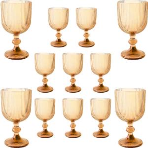 12 Pcs Vintage Wine Glasses, 11 Ounces Colored Glass Water Goblets, Colorful Unique Embossed Pattern High Clear Stemmed Glassware Wedding Party Bar Glass Drinking Cups Vertical Line Amber Set of 12
