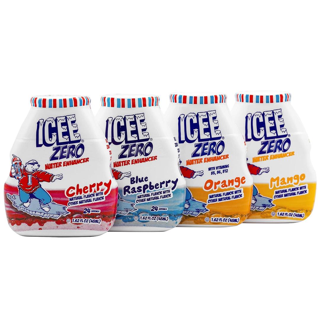 ICEE Zero Calorie Cherry, Blue Raspberry, Orange and Mango Liquid Water Enhancer Drink Mix, Natural Flavor Drops, Sugar Free, 1.62 Fl Oz Concentrate (48 ml) - 4 Ultimate Variety Pack, Best By: APR 06 2027, JUN 01 2027, MAY 01 2026, MAY 01 2026