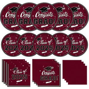 Gatherfun Graduation decorations 2025 Graduation Party Supplies Maroon Disposable Paper Plates Luncheon Napkins Cocktail Napkins for Congrats Grad Party Decorations, Serve 50