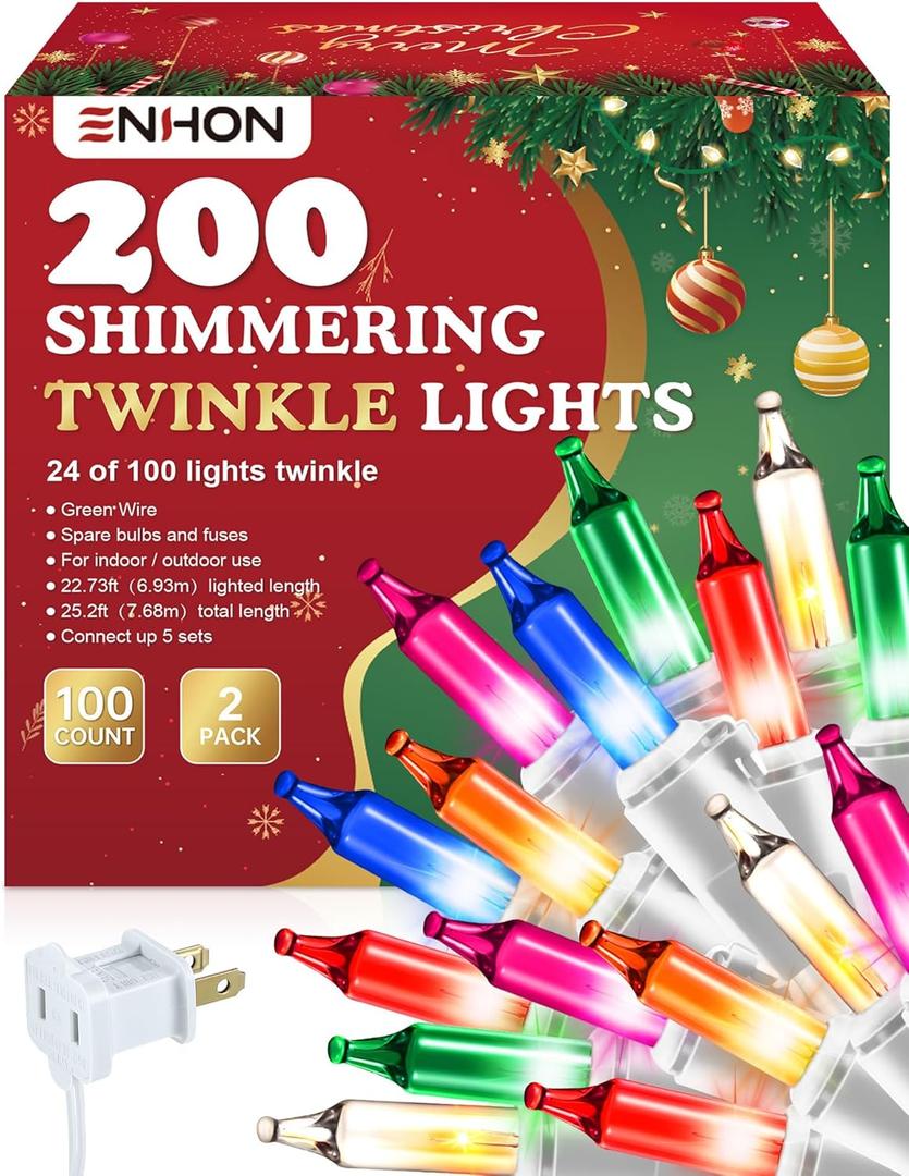 Enhon 2 Pack Twinkle Christmas Lights, Total 50.4FT 48 of 200 Bulbs Twinkle, Waterproof Connectable Random Shimmering Christmas Light, Connect up to 5 Set for Xmas Tree Decor(Multi-Color,White Wire)
