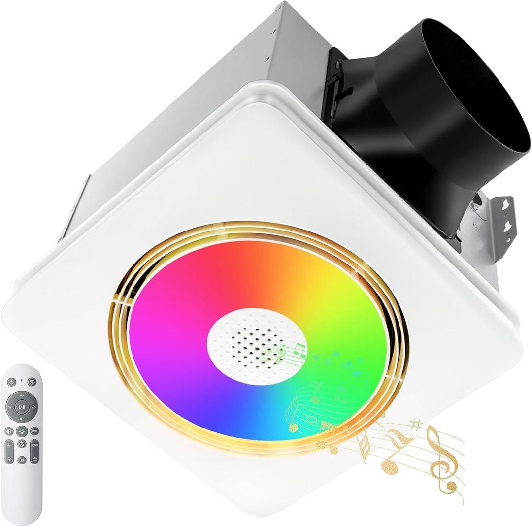 GROWNEER Bathroom Fan with Bluetooth Speaker, 110/160 CFM 1.0 Sone Bathroom Exhaust Fan with Heater, Exhaust Fan with Light & Remote, 9 RGB Modes, 1500lm 3 Color Temperature & Nightlight, EZ Install