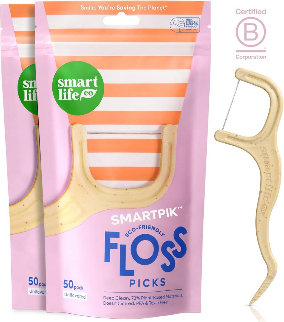 SmartLifeco Eco-Friendly Dental Floss Picks (100ct) - Flossers Made With Straw Wheat Blend, Strong Anti-Shred Thread For Tight Gaps, Tooth Pick Stick For Adults, Soft on Gum & Teeth, Vegan, Unflavored