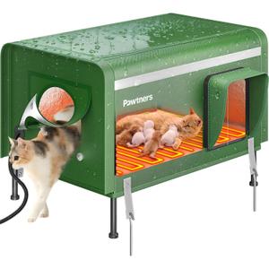 Pawtners Heated Outdoor Cat House for Outside Cats, 26'' XL Insulated Weatherproof Cat Shelter with Heated Pad, Elevated Feet & Escape Door, Warm Kitty House for Feral or Stray Cats in Winter (Green)