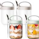 Oatmeal Jars with Lids Overnight Glass, 15oz Wide Mouth Breakfast Jars with Spoons Perfect Breakfast Bottles for Oatmeal/Chia Seeds/Fruit (4 pcs)