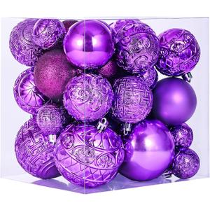 46 Pcs Purple Christmas Ball Ornaments, Shatterproof Christmas Tree Ornaments Set with Velvet Christmas Bows Decor, Vintage Xmas Decorations with Hanging Hooks in 3 Sizes (Small, Medium, Large)