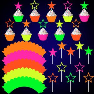40 Pieces Glow Party Neon Party Supplies Glow Cake Toppers Neon Star Cake and Cupcake Wrappers Birthday Cupcake Pick for Glow Neon Birthday Wedding Halloween Party Black Light Reactive